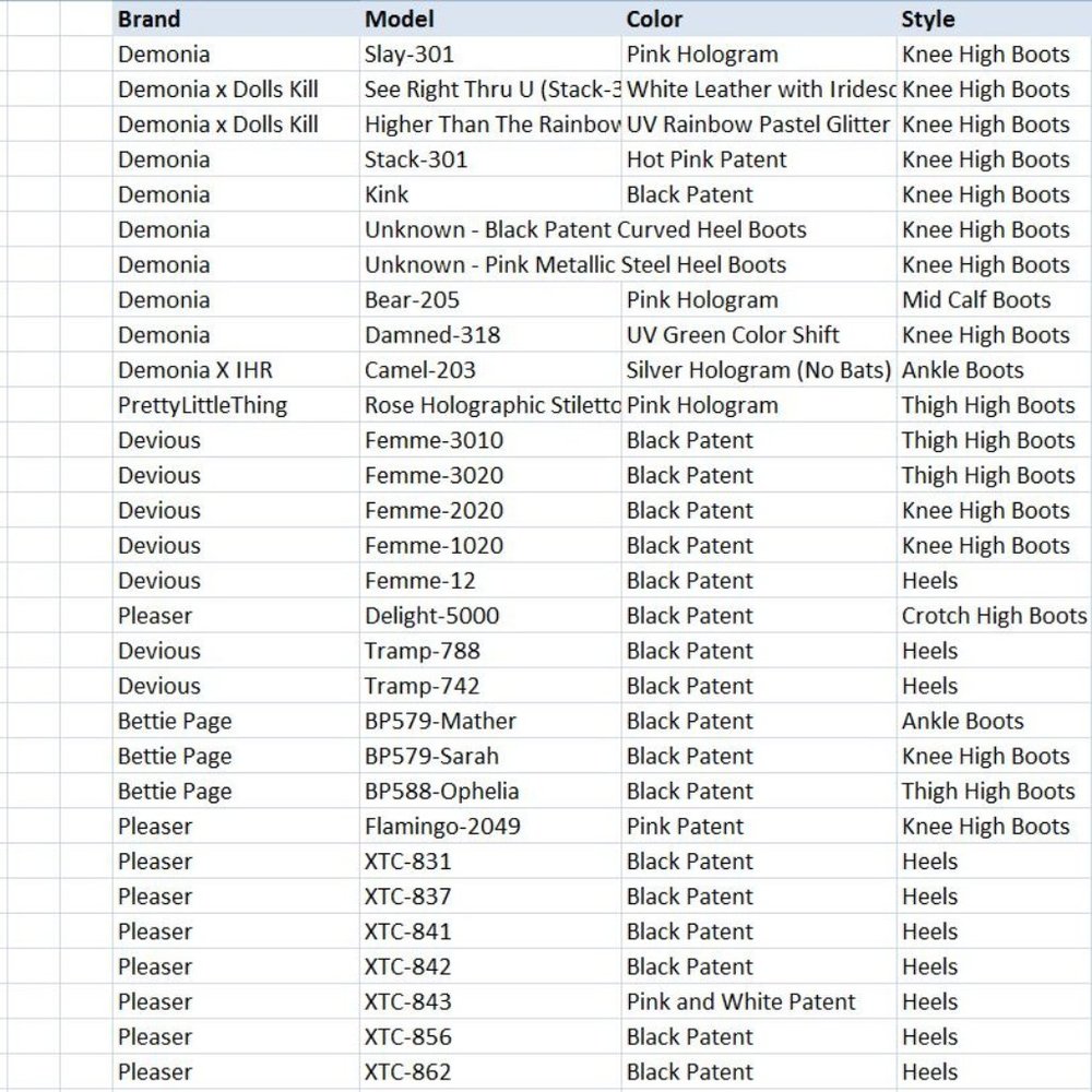 ISO Demonia, Pleaser, Devious Boots and Heels - Discontinued Vintage Buy List